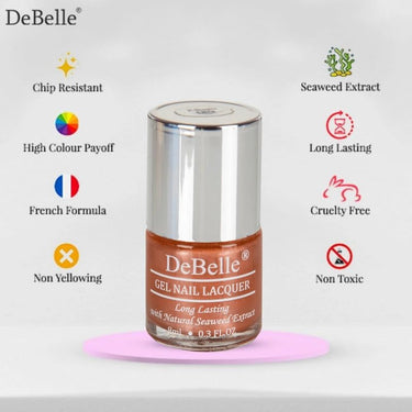 DeBelle Gel Nail Polish Aurora (Amber with Copper Glitter Nail Paint)|Non UV - Gel Finish |Chip Resistant | Seaweed Enriched Formula| Long Lasting|Cruelty and Toxic Free| 8ml